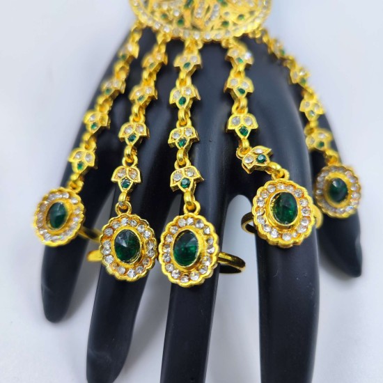 Hastfool 2ps Ring Braslet 5 finger flower design in green colour HF-009