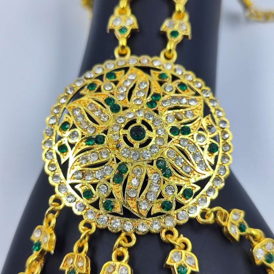 Hastfool 2ps Ring Braslet 5 finger flower design in green colour HF-009