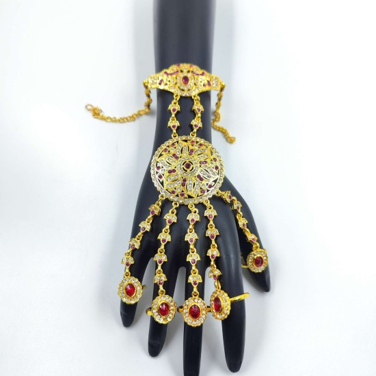 Hastfool Exquisite Gold & red Gemstone hastfool  Traditional Bridal Jewelry HF-010