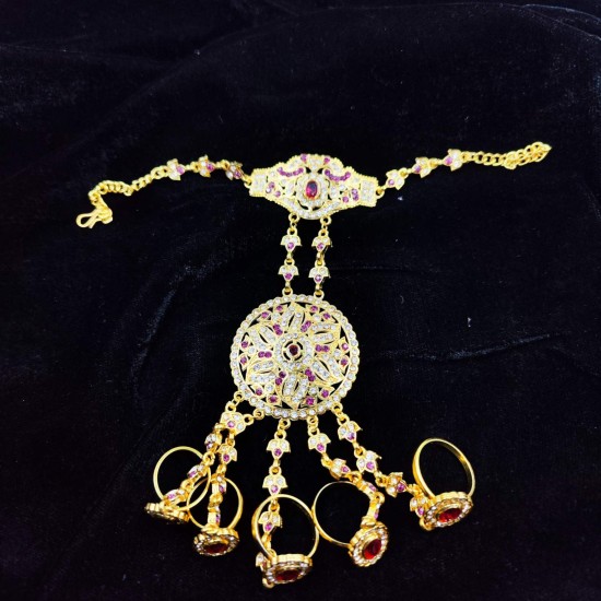 Hastfool Exquisite Gold & red Gemstone hastfool  Traditional Bridal Jewelry HF-010