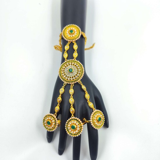 Hastfool 2ps Ring Braslet 3 fingers ring chakri design in green colour HF-012