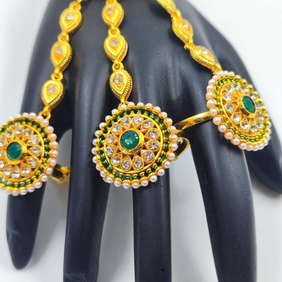 Hastfool 2ps Ring Braslet 3 fingers ring chakri design in green colour HF-012