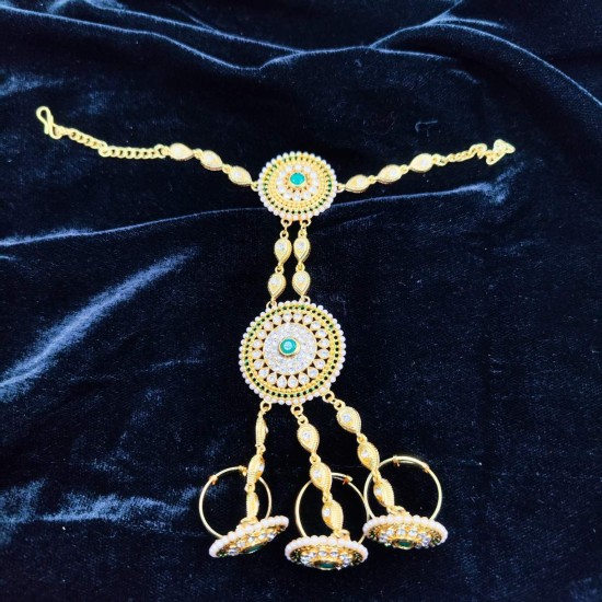 Hastfool 2ps Ring Braslet 3 fingers ring chakri design in green colour HF-012