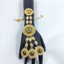 Exquisite Gold  2ps Hast phool Hand Harness with Pearls & Green Stones – Traditional Bridal & Festive Jewelry HF-013