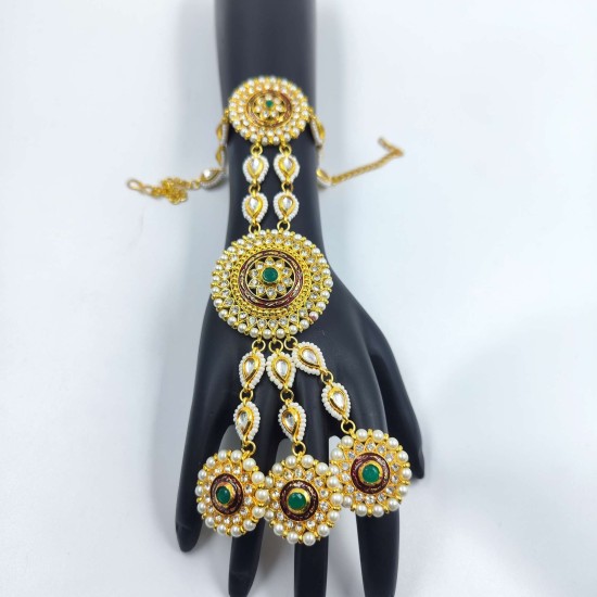 Exquisite Gold  2ps Hast phool Hand Harness with Pearls & Green Stones – Traditional Bridal & Festive Jewelry HF-013
