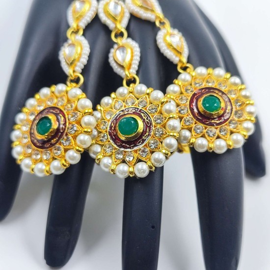Exquisite Gold  2ps Hast phool Hand Harness with Pearls & Green Stones – Traditional Bridal & Festive Jewelry HF-013