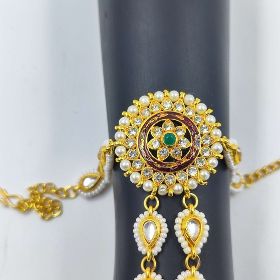 Exquisite Gold  2ps Hast phool Hand Harness with Pearls & Green Stones – Traditional Bridal & Festive Jewelry HF-013