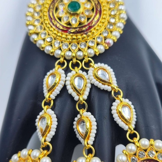 Exquisite Gold  2ps Hast phool Hand Harness with Pearls & Green Stones – Traditional Bridal & Festive Jewelry HF-013