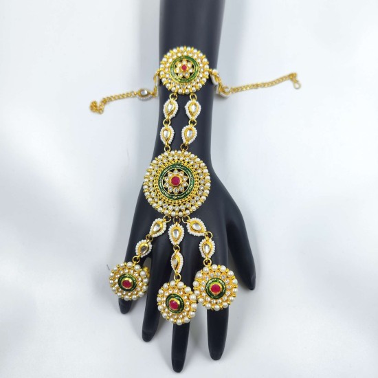 Exquisite Gold 2ps 1 Pair Hast phool Hand Harness with Pearls & Red Stones – Traditional Bridal & Festive Jewelry HF-014