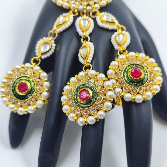 Exquisite Gold 2ps 1 Pair Hast phool Hand Harness with Pearls & Red Stones – Traditional Bridal & Festive Jewelry HF-014