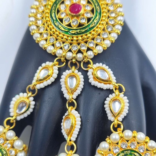 Exquisite Gold 2ps 1 Pair Hast phool Hand Harness with Pearls & Red Stones – Traditional Bridal & Festive Jewelry HF-014