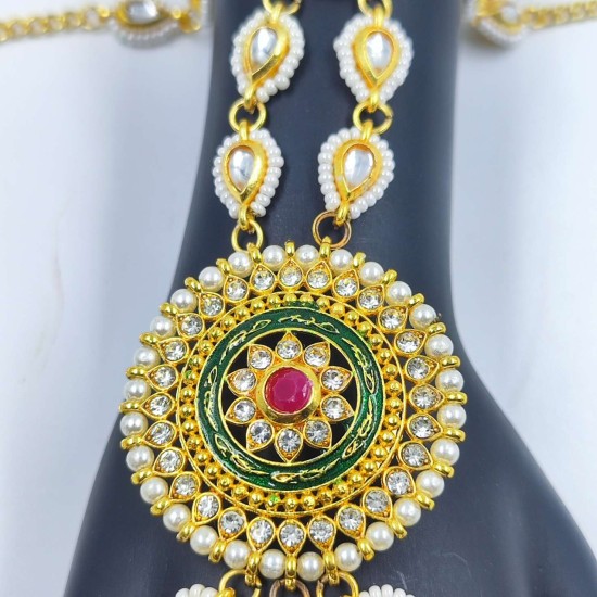 Exquisite Gold 2ps 1 Pair Hast phool Hand Harness with Pearls & Red Stones – Traditional Bridal & Festive Jewelry HF-014