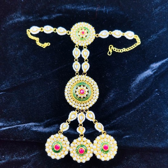 Exquisite Gold 2ps 1 Pair Hast phool Hand Harness with Pearls & Red Stones – Traditional Bridal & Festive Jewelry HF-014