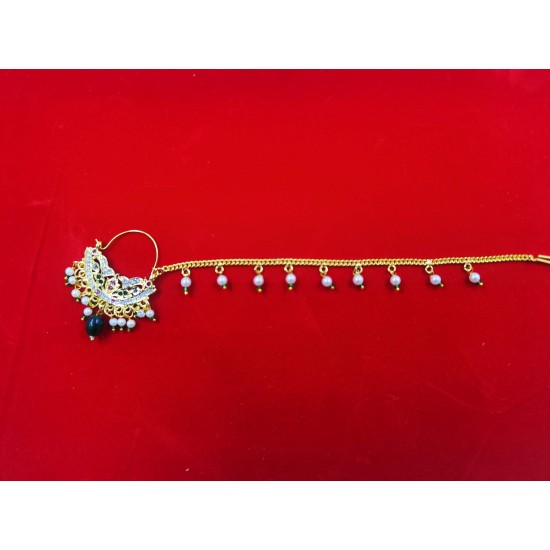 Nath nose ring with big green moti in multi colour NR-006