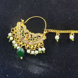 Nath nose ring with big green moti in multi colour NR-006