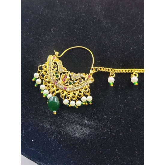 Nath nose ring with big green moti in multi colour NR-006