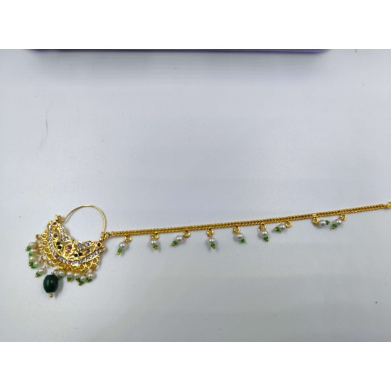 Nath nose ring with big green moti in multi colour NR-006