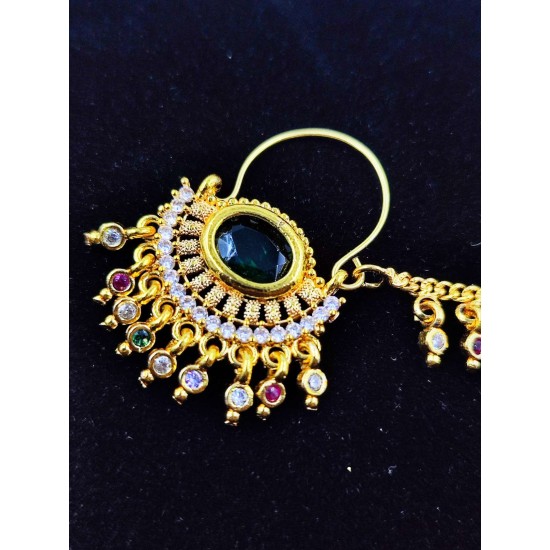 Nath  AD nose ring with big green crystal in green colour NR-007