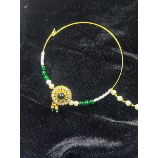 Handcrafted Indian Bridal Ad Nath Nose Ring in Flower Design With Green Accents NR-15