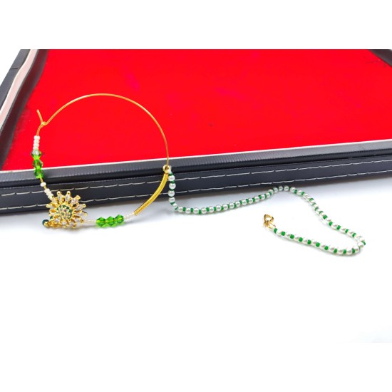 Handcrafted Indian Bridal Ad Nath Nose Ring with Green and White Accents NR-14