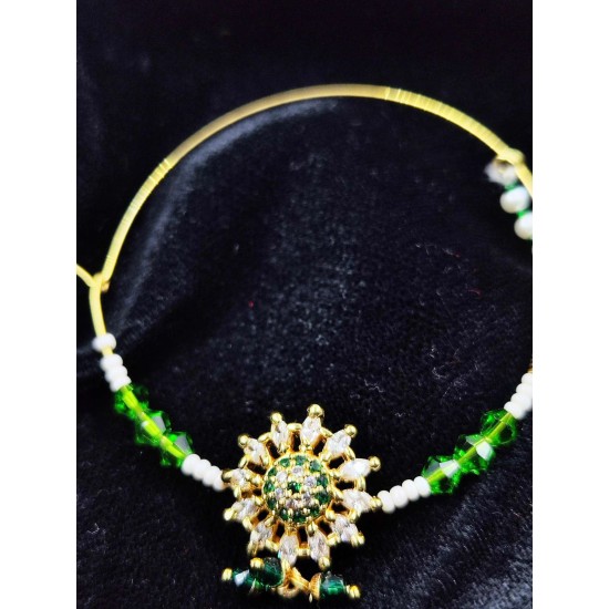 Handcrafted Indian Bridal Ad Nath Nose Ring with Green and White Accents NR-14