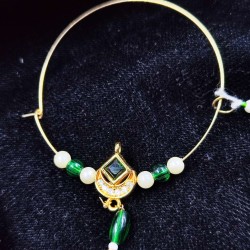 Bridal Ad Nath Nose Ring Square Half Moon with Green and White Accents NR-16 