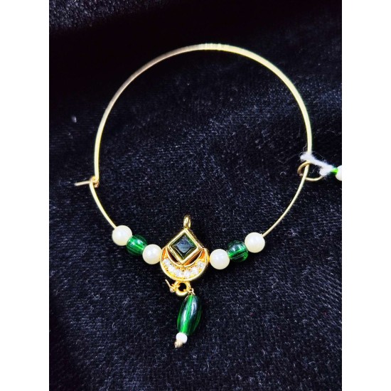 Bridal Ad Nath Nose Ring Square Half Moon with Green and White Accents NR-16 