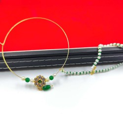 Indian Bridal Ad Nath Nose Ring in 7 Stones  Design with Green and White Accents NR-17