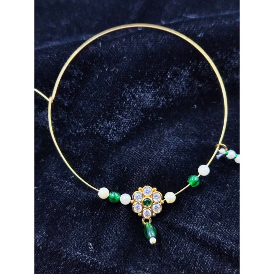 Indian Bridal Ad Nath Nose Ring in 7 Stones  Design with Green and White Accents NR-17