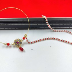 Indian Bridal Ad Nath Nose Ring in 7 Stones Design with Red and White Accents NR-18