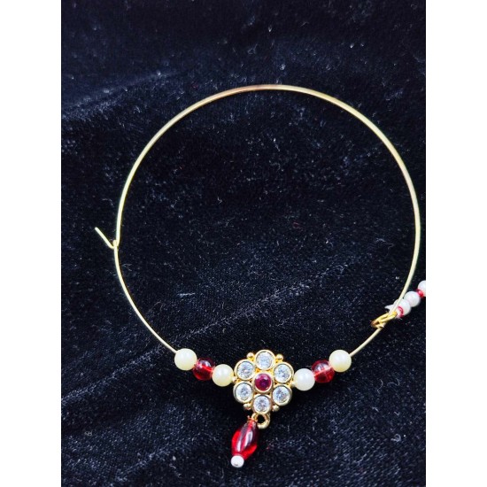 Indian Bridal Ad Nath Nose Ring in 7 Stones Design with Red and White Accents NR-18