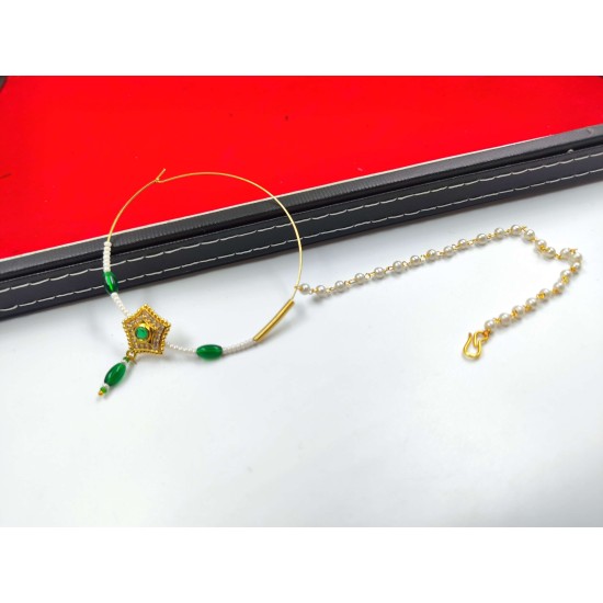 Bridal Ad Nath Nose Ring Star Design with Green and White Accents NR-19