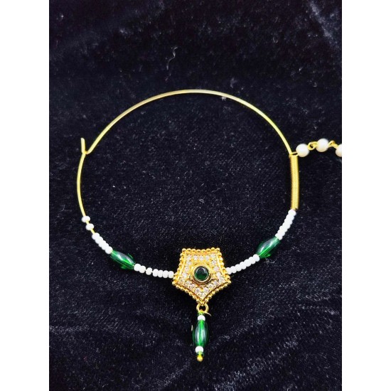Bridal Ad Nath Nose Ring Star Design with Green and White Accents NR-19