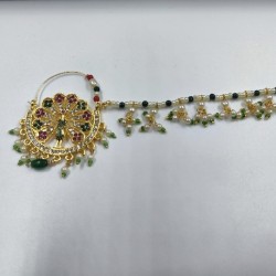 Bridal  Nath Nose Ring Peacock Design with Green and pink multi Accents NR-20