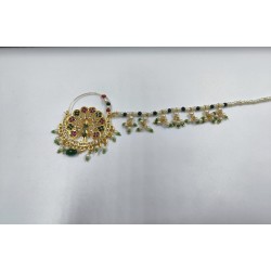 Bridal  Nath Nose Ring Peacock Design with Green and pink multi Accents NR-20