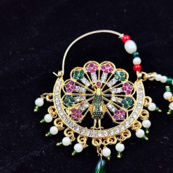 Bridal  Nath Nose Ring Peacock Design with Green and pink multi Accents NR-20