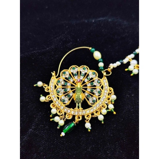 Bridal Nath Nose Ring Peacock Design In Green Colour NR-21
