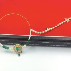 Handcrafted Indian Bridal Ad Nath Nose Ring in Flower Design With Green Accents NR-15
