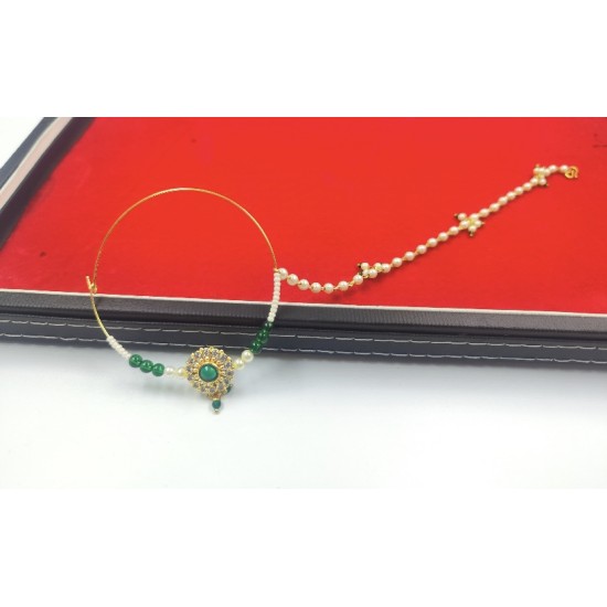 Handcrafted Indian Bridal Ad Nath Nose Ring in Flower Design With Green Accents NR-15
