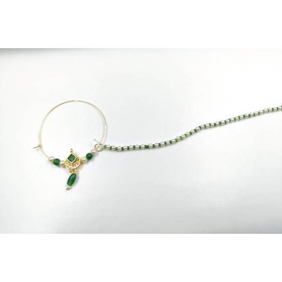 Bridal Ad Nath Nose Ring Square Half Moon with Green and White Accents NR-16 