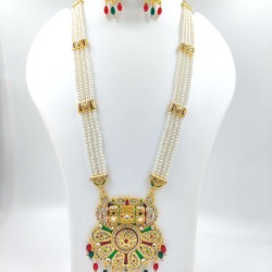 Flower motive Maharani Haar with earrings kundan and pearl design Red green colour MH-120-002