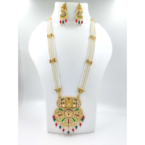 Flower motive Maharani Haar with earrings kundan and pearl design Red green colour MH-120-002