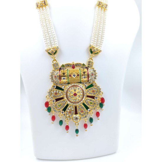 Flower motive Maharani Haar with earrings kundan and pearl design Red green colour MH-120-002