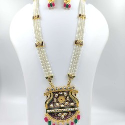 Maharani Haar with earrings kundan and pearl design, double peacock motive (MH-120-005)