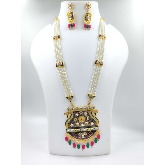 Maharani Haar with earrings kundan and pearl design, double peacock motive (MH-120-005)