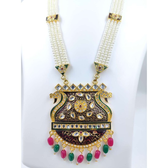 Maharani Haar with earrings kundan and pearl design, double peacock motive (MH-120-005)