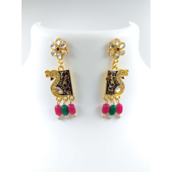 Maharani Haar with earrings kundan and pearl design, double peacock motive (MH-120-005)