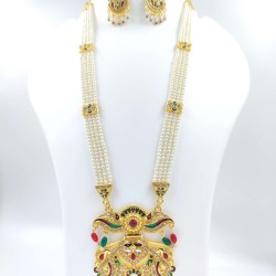 Maharani Haar with earrings kundan and pearl design, flower pot motive (MH-120-006)