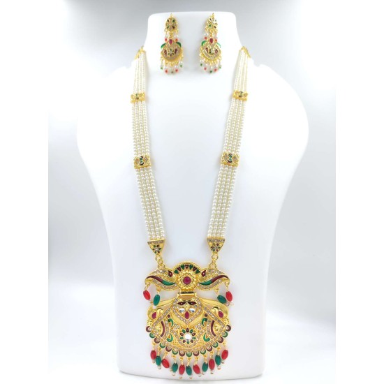 Maharani Haar with earrings kundan and pearl design, flower pot motive (MH-120-006)