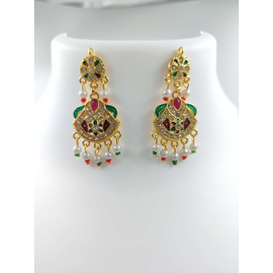 Maharani Haar with earrings kundan and pearl design, flower pot motive (MH-120-006)